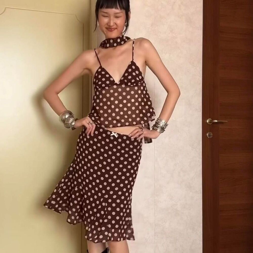Women's Brown Polka Dot Top and Skirt Set Cider - Size XS